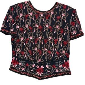 Vintage Papell Boutique Evening Beaded Black and Red Floral Silk Top Size Medium